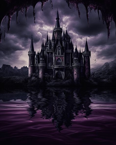 Transform your home into an eerie and fascinating realm with our digital print to canvas of an otherworldly gothic castle. This striking artwork features a black and purple castle in the middle of the water. The eye-catching design is perfect for fans of gothic horror and sci-fi, adding a touch of surrealism to any room. Gothic Castle Art, Black And Purple Aesthetic, Evil Castle, Goth Castle, Horror Castle, Purple Castle, Castle Dark, Demon Castle, Castle Black