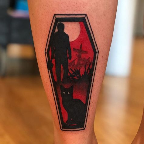 Chase Martines on Instagram: “A lot of fun doing this Pet Sematary coffin for my friend Carly! #31coffins #coffintattoo #stephenking #petsematary #horror #horrortattoo…” Pet Sematary Tattoo, Stephen King Tattoos, Horror Tattoo Ideas, Coffin Tattoo, Horror Movie Tattoos, Stick Tattoo, Movie Tattoos, King Tattoos, Wicked Tattoos