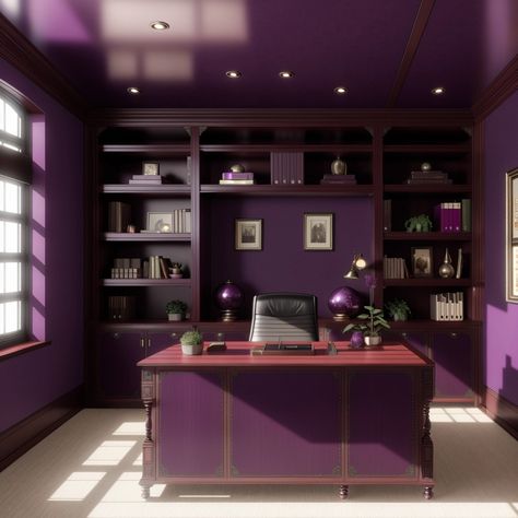 Purple work office room design. Colors, Canonical aubergine. Beautiful interior design. Follow us and visit our site for more amazing content! #crafts #artwork #sketchbook #minimalist #digitalart #interior #homedecor #boho #prompt #photo #diffusion #creative #modern #interiordesign #watercolor Purple And Grey Office Ideas, Purple And Gold Office, Dark Purple Office, Purple Office Ideas, Purple Library, Modern Gothic Interior, Purple Home Office, Sims Bedroom, Library Vibes