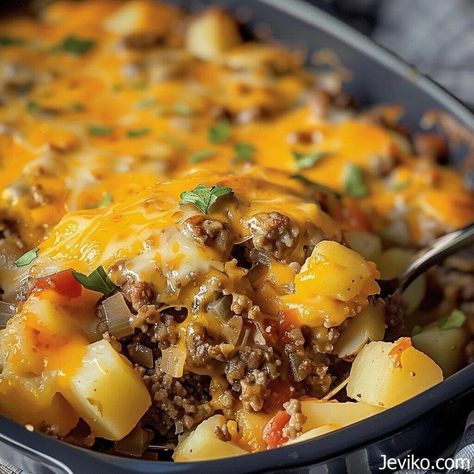 One Pot Meal With Potatoes, Burger Potato Recipes, Rustic Campfire Beef And Potato Casserole, Hamburger And Potatoes Skillet, Baked Potatoes As A Meal, Hamburger Veggie Casserole, Amish Hamburger With Fall Veggies Bake, 100 Year Old Hamburger Casserole, Easy Meals Potatoes