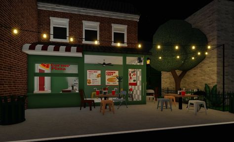 Bloxburg Pizza Shop, Aesthetic Chairs, Roblox Pizza, Build Aesthetic, Bloxburg Roleplay, Pizza Sign, Bloxburg Builds, Pizza Shop, New York Pizza