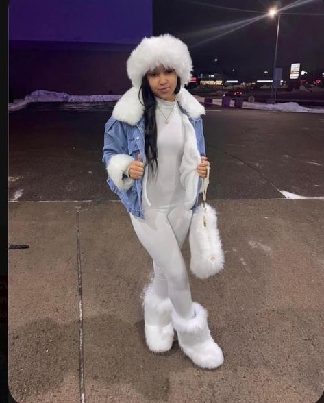 White Fur Headband Outfit, Cute Fur Outfits, Sneaky Link Up Outfits Winter, All White Outfit Black Women Winter, Fury Boots Outfit, Winter Fur Boots Outfit, White Fur Boots Outfit Y2k, 15 Birthday Outfit Ideas Winter, Christmas Outfit For Black Women