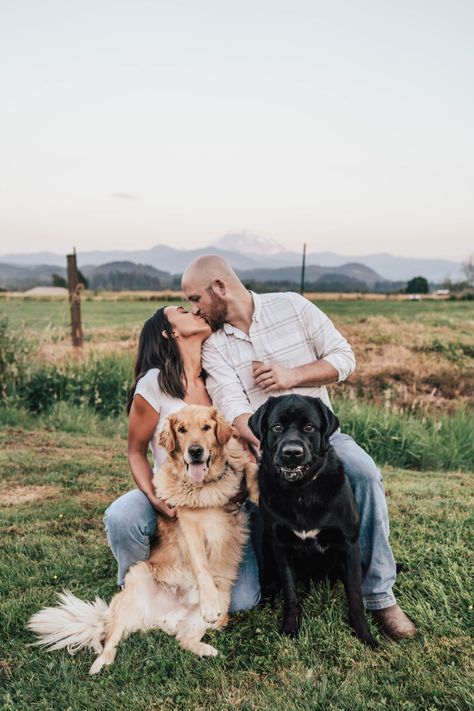 Engagement photos with champagne and dogs 2 Dogs And Owner Photography, Couple With 2 Dogs Photoshoot, Couples Pictures With Dogs, Family Portraits With Dogs, Couples Photoshoot With Dogs, Family Christmas Pictures With Dog, Dog Family Photoshoot, Couple Photos With Dogs, Backyard Photoshoot Ideas