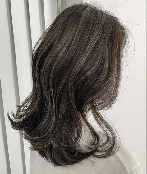 Textured Layers Haircut, Light Highlights For Black Hair, Highlight Inspo For Dark Hair, Layered Black Hair With Highlights, Black Hair With Brown Highlights Asian, Dark Brown With Cool Tone Highlights, Smokey Beige Balayage, Dark Ashy Brown Hair With Highlights, Ash Beige Highlights On Dark Hair