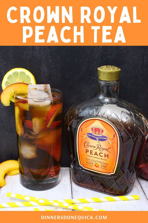 Beat the heat with this refreshing Crown Royal Peach Tea cocktail! Perfect for summer gatherings, this delightful drink combines the smooth taste of Crown Royal Peach Whiskey with iced tea and fresh peach slices for a sweet treat. Easy to make and even easier to enjoy, this cocktail will be a hit at your next get-together. Click to get the full recipe and make your summer sipping even better! | Crown Royal Peach, Peach Tea Cocktail, Summer Drinks, Cocktail Recipes Peach Whiskey Iced Tea, Sweet Tea Alcoholic Drinks, Peach Royal Crown Recipes, Peach Crown Royal Drink Recipes Easy, Peach Whiskey Cocktails, Peach Crown Royal Drink Recipes, Crown Royal Peach Drinks Recipes, Peach Crown Royal Recipes, Crown Peach Drink Recipes