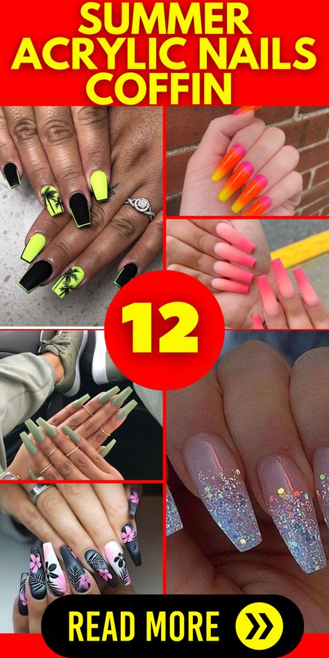 Summer Acrylic Nails Short Coffin: Rock the short coffin nail trend this summer with these chic and fashionable nail designs. From pastels to neons, these short coffin nails are perfect for those who prefer a shorter nail length. Neon Coffin Acrylic Nails, Nails Inspiration Coffin Short, Neon Nail Ideas Summer Square, Summer Nails 2023 Coffin, Summer Coffin Nail Ideas, Short Coffin Nails Designs, Concert Nails, Acrylic Coffin Nails, Ombre Acrylic