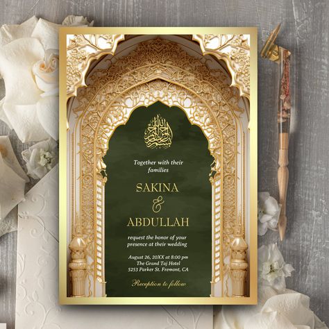 Palace Dark, Wedding Invitations Muslim, Islamic Arch, Royal Wedding Invitation, Muslim Wedding Cards, Muslim Wedding Invitations, Gold Foil Invitation, Print Cards, Black Wedding Invitations