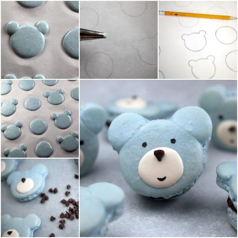 Bear Macaron Template, Teddy Bear Macarons, Bear Macarons, Macaron Template, Teddy Bear Cookies, Swiss Roll Cake, Aluminum Can Crafts, Macaron Cookies, Heart Sprinkles