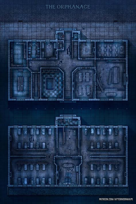 The Orphanage Battle Map - Launch | Afternoon Maps on Patreon Orphanage Battlemap, Dnd Orphanage Map, Dnd Hospital Map, Hospital Rpg Map, Orphanage Building, Haunted Games, Call Of Cthulhu Rpg, Dnd World, Building Map