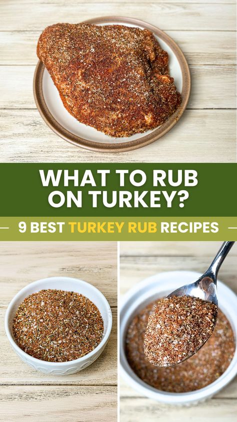 Three image collage of turkey covered in herb seasoning and dry rub for smoked turkey in a white bowl and a teaspoon. Turkey Rub Recipes Thanksgiving, Best Turkey Rub Recipe, Dry Rub For Turkey, Smoked Turkey Rub, Turkey Rub Recipes, Thunder Chicken, Turkey Rub, Turkey Seasoning, Turkey Brine Recipes