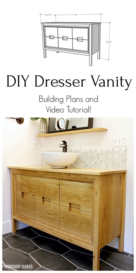 Give your bathroom a modern feel with this modern design DIY dresser vanity--with two drawers on each side and a faux drawer cabinet door in the center, this is the perfect dresser vanity for plenty of storage and access to the plumbing.  Grab the building plans in this post! Diy Bathroom Vanity Plans, Wooden Countertops Kitchen, Diy Furniture Building, Diy Bathroom Vanity, Dresser Vanity, Diy Vanity, Diy Dresser, Woodworking Projects That Sell, Drawer Cabinet