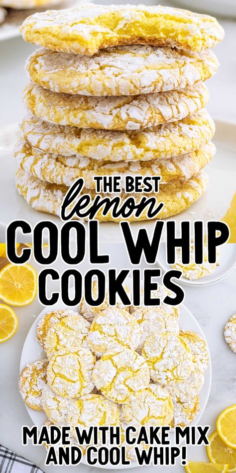 Lemon Cool Whip cookies are a tasty and easy treat full of fresh lemon flavor. Lemon Cool Whip, Whip Cookies, Lemon Cake Mix Cookies, Cool Whip Cookies, Lemon Cake Easy, Crinkle Cookies Recipe, Lemon Crinkle Cookies, Lemon Cookies Recipes, Lemon Cake Mixes