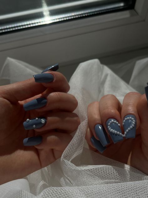 Blue Nails With Pearls On Them, Blue Nails With Gems Rhinestones, Denim And Diamond Nails, Denim And Diamonds Nails, Blue Nails With Pearls, Blue Nails With Diamonds, Denim Nails Ideas, Denim Blue Nails, Denim Nails