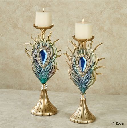 ~ Peacock Feather Candleholder set [http://www.touchofclass.com/jewel-plume-candleholders-multi-cool-set-of-two/p/Y468-001/] Peacock Room Decor, Peacock Living Room, Peacock Bedroom, Peacock Candle, Peacock Room, Peacock Gifts, Peacock Christmas, Peacock Theme, Peacock Colors