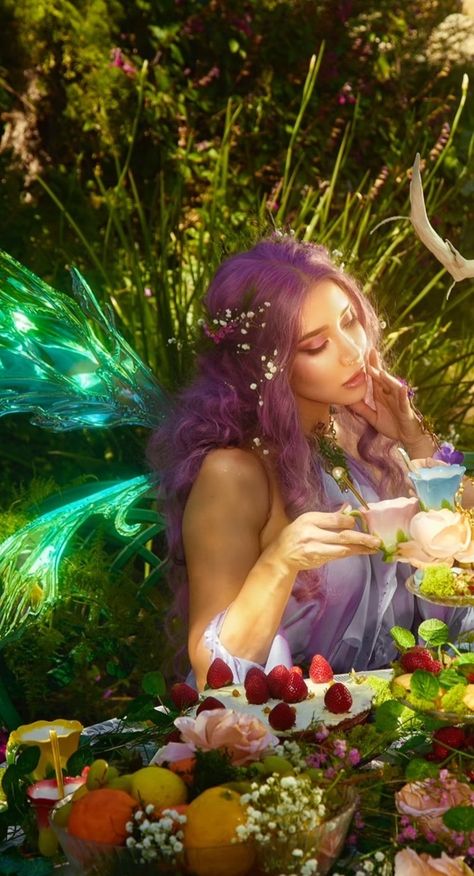 Enchanted Fairy Photoshoot, Fairy Tea Party Photoshoot, Fairy Like Photoshoot, Fairy Concept Photoshoot, Outside Fairy Photoshoot, Fairy Themed Photoshoot Aesthetic, Fairy Shoot, Fairy Picnic, Witch Purple