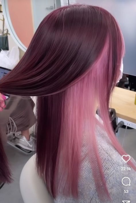 Red With Pink Hair, Light Magenta Hair, Long Dyed Hair Ideas, Neopaliton Hair, Burgundy And Pink Hair, Pink Peekaboo Hair, 70 Hair, Brown And Pink Hair, Underdye Hair