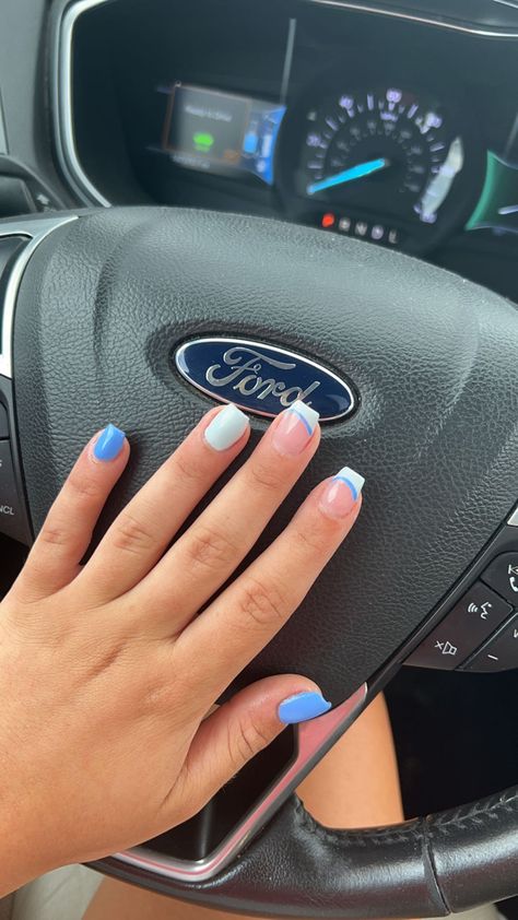 Light Blue French Tips Square, Short Acrylic Blue French Tip, Dark And Light Blue Nails, Square Blue Nails, Light Blue French Tip With Dark Blue Outline, Light Blue French Tip, 1.5 Blue French Tip, Sky Blue French Tip 1.5, Gel Nails Square