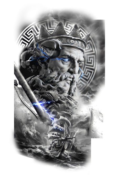 King Neptune Tattoo, Zeus Tattoo Design Ideas, Poseidon Tattoo Design, Tattoo Greek Mythology, Zeus Tattoo Design, Tato Geisha, Hades Tattoo, Herren Hand Tattoos, Greek Tattoo