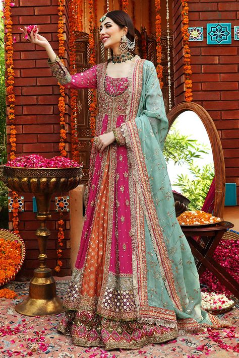 Mehndi Bridal Frocks, Colourful Pakistani Dresses, Pakistani Mehndi Outfit For Bride, Colorful Mehendi Outfits, Haris Shakeel Mehndi Dresses, Pakistani Colorful Dresses, Mendi Outfits For Bride, Pakistani Mehndi Dress Bridal, Colorful Mehndi Outfit