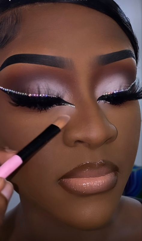 Full Glam Makeup With Rhinestones, Colorful Makeup With Gems, Birthday Makeup Ideas For Black Women, Prom Makeup Full Face Glam, Makeup Looks For Black Women Prom, 19th Birthday Makeup Ideas, Full Face Beat Makeup, Birthday Makeup Looks Black Women, Birthday Make Up Looks Black Women