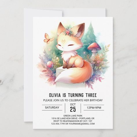 Minimalist Woodland Fox Birthday digital Fox Themed Birthday Party, Fox Birthday Party, Happy Fox, Fox Birthday, Woodland Fox, Modern Invitation, Party Details, Outdoor Event, Online Invitations