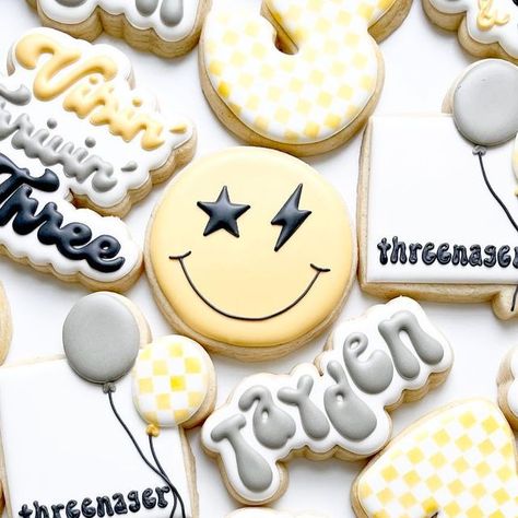 Maison Wells on Instagram: "vibin’ and thrivin’ threenager ✨" Vibin Thriving And Three Birthday, Threenager Cookie Ideas, Threenager Cookies, Threenager Birthday Party Boy, Vibin Thrivin And Three, Threenager Birthday Party Decorations, Threenager Birthday Party, Threenager Birthday, Dude Birthday Party