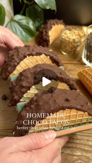 Lexi Harrison & Beth Sinclair on Instagram: "Homemade Choco Tacos for episode 14 of Better Than Store-Bought!! 🍫🌮 

Comment ‘RECIPE’ and I’ll send you the recipe + the link for the waffle cone maker straight to your DMs 💌

2 years ago, Klondike (sadly) discontinued the famous Choco Taco, and the ice cream aisle just hasn’t been the same since. So if you’re missing them, you’re going to have to make one from scratch! 🍦

We’re talking homemade waffle cone taco shells, homemade no churn fudge ripple ice cream, and an easy chocolate peanut coating 👌

There are a lot of components to this recipe, but it’s so worth it! And the good news is, if you want to shortcut it, there are several options:

-Ice cream: you can easily sub with your favorite store-bought ice cream. You don’t have to stic Homemade Choco Tacos, Recipes Using Ice Cream, Ice Cream Popsicles Recipes, Homemade Waffle Cones, Ice Cream Dessert Recipes, Tacos Homemade, Homemade Waffle, Choco Taco, Waffle Cone Recipe