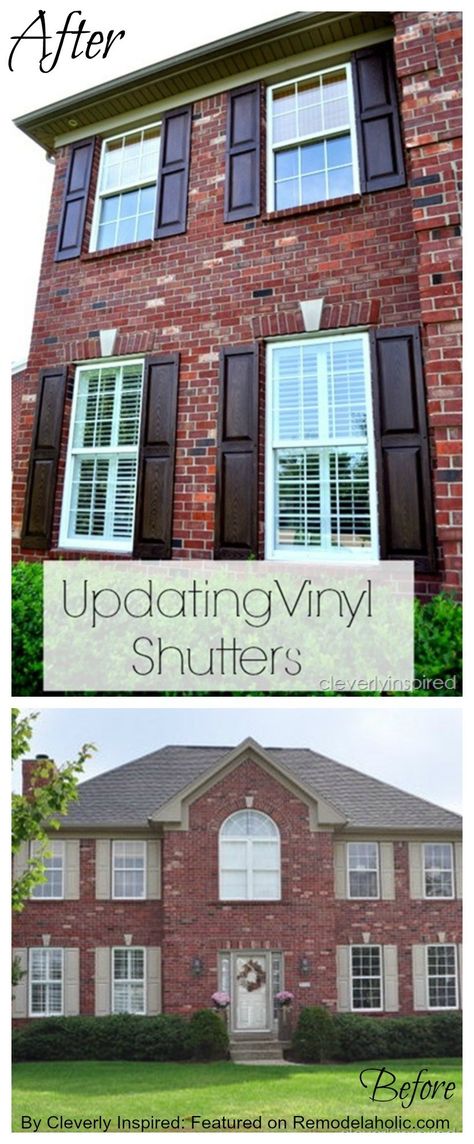 How to update faded vinyl shutters with stain #tutorial featured on Remodelaholic Exterior Blinds, Plastic Shutters, Vinyl Shutters, Build A House, Shutters Exterior, House Number Sign, Number Sign, Gel Stain, Planter Box