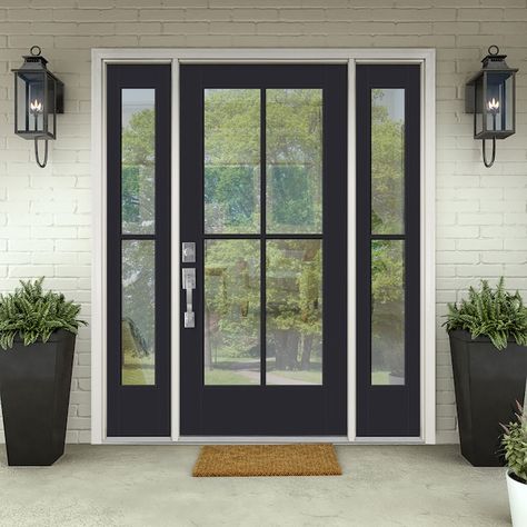 Full Glass Entry Door, Single Front Door With Sidelights, Glass Entry Door, New Home Windows, Front Door With Sidelights, Single Front Door, Door With Sidelights, Entry Door With Sidelights, Fiberglass Exterior Doors