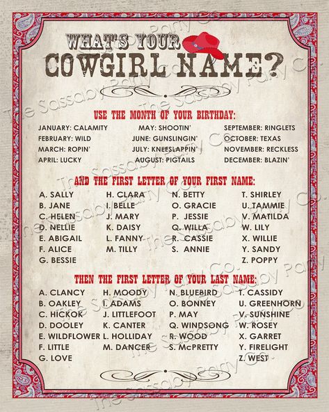 Cowgirl Name Poster RED INSTANT DOWNLOAD 'what's | Etsy Cowboy Names, Cowboy Theme Party, Girls Baseball, Wild West Party, Wild West Cowboys, Western Theme Party, Boat Names, Poster Pink, Western Parties