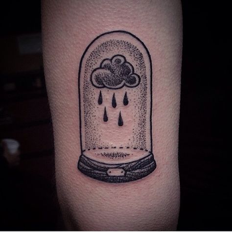 Tattoo of a glass dome and a rain cloud by Susanne König Suflanda Cloche Tattoo, Black Cloud Tattoo, Tattoo Bottle, Clouds And Rain, Tattoo Salon, Serpent Tattoo, Wild Tattoo, Cloud Tattoo, Rain Cloud