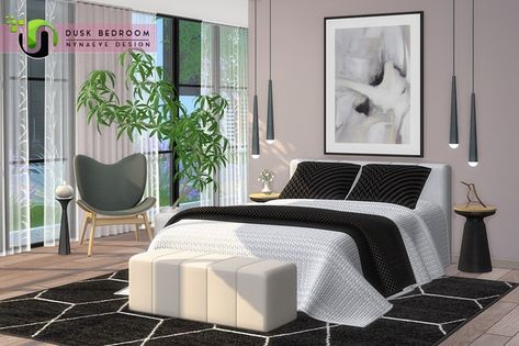 Dusk Bedroom | Nynaeve Design on Patreon Dusk Bedroom, Designed Bedroom, Sims 4 Beds, Los Sims 4 Mods, Sims 4 Bedroom, Whimsical Wall Art, Sims Games, Stylish Chairs, Minimalist Interior Design