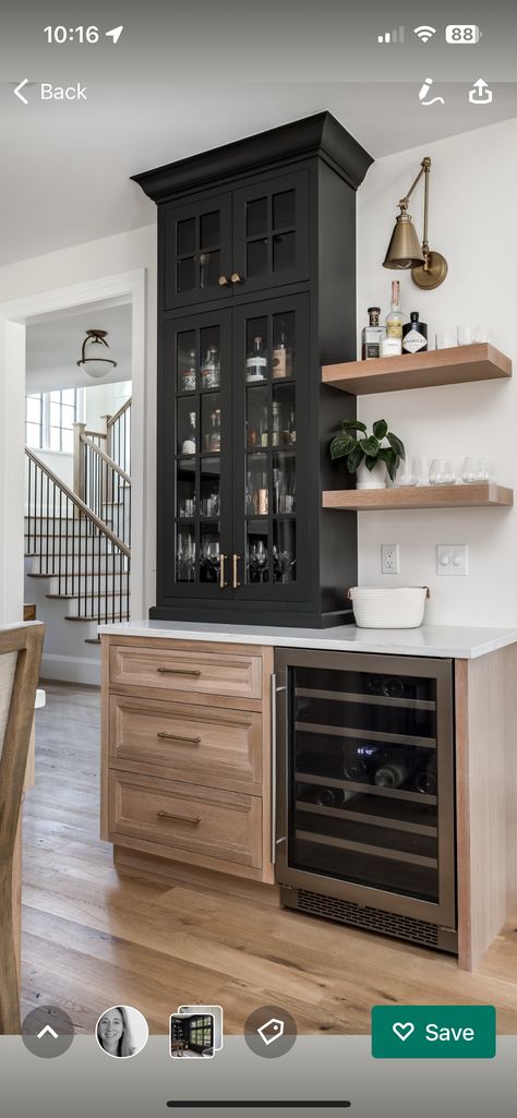 Basement Dry Bar With Seating, Black Accent Cabinet In Kitchen, Coffee Bar With Prep Sink, Bar In Dining Room Ideas, Small Dry Bar, Built In Bar In Living Room, Beverage Station Kitchen, Built In Wine Bar, Wet Bar Backsplash