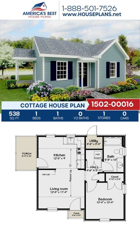 Cottage House Plan 1502-00018 #bus #tiny #house #floor # 082 600 Sq Ft House Plans 2 Bedroom, Small Houses Ideas, Guest House Plans, Granny Pod, Small Cottage House Plans, Small Floor Plans, Chirstmas Decor, Cottage House Plan, Small Cottage Homes