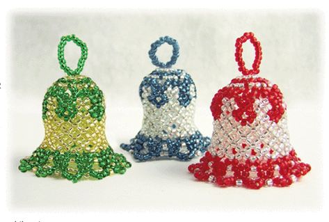 Beaded Christmas Bell Ornament Pattern | Bead-Patterns.com Beaded Bell, Xmas Beads, Beaded Christmas Decorations, Beaded Ornament Covers, Holiday Beading, Beaded Snowflakes, Motifs Perler, Ornament Pattern, Christmas Bell