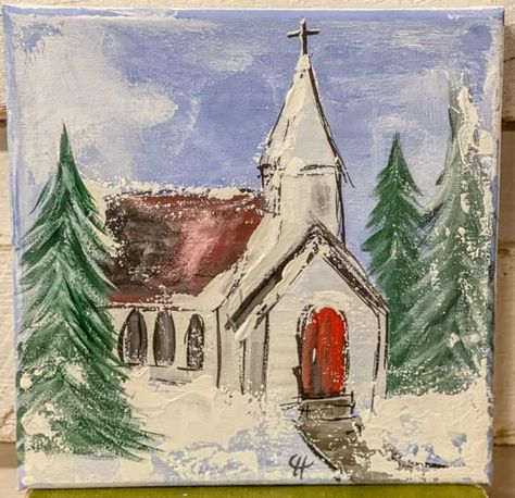 Christmas Church Painting, Holiday Paintings, Church Painting, Pottery Place, Country Churches, Textured Paint, Christmas Church, Christmas Artwork, Winter Craft