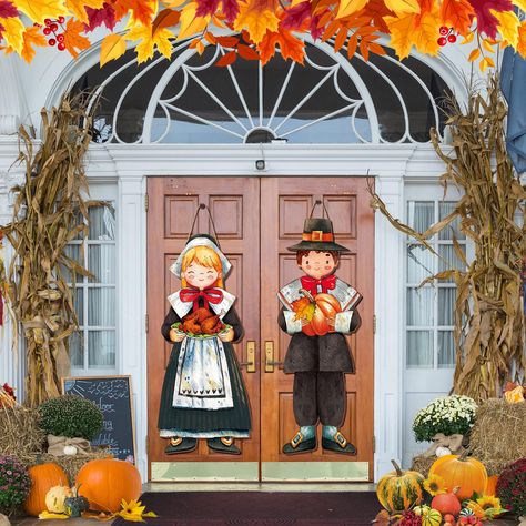 PRICES MAY VARY. Thanksgiving Pilgrim Decor: what you will receive are 2 pieces of Thanksgiving pilgrim hanging signs, they are smiling and holding pumpkin and turkey, bringing a little Thanksgiving cheer to your family, friends, or neighbors Reliable Material: Thanksgiving welcome sign is made of quality wood, sturdy and reliable, the pattern is beautifully printed, reliable, lightweight, reusable and not easy to fade or break Suitable Size: thanksgiving hanging fall pilgrim wooden sign is abou Turkey Door Hanger Wooden, Thanksgiving Front Door Decor, Thanksgiving Outside Decorations, Thanksgiving Porch Decorations, Thanksgiving Outdoor Decorations, Door Decorations For Home, Holiday Interior, Home Front Door, Turkey Pumpkin