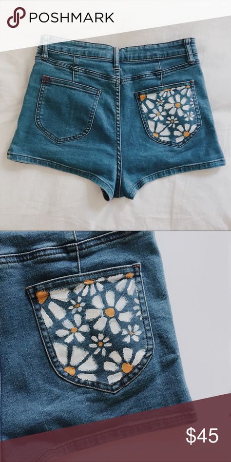 BDG Urban Shorts with painted pocket BDG shorts with hand painted flowers on pocket (one of a kind) Urban Outfitters Shorts Skorts Painting Denim Shorts, Painting Jean Shorts Ideas, Painting On Shorts Ideas, Pant Pocket Painting, Jeans Pocket Painting Ideas, Jean Shorts Painting Ideas, Painting Jean Shorts, Things To Paint On Jeans Pockets, Painted Back Pocket Jeans