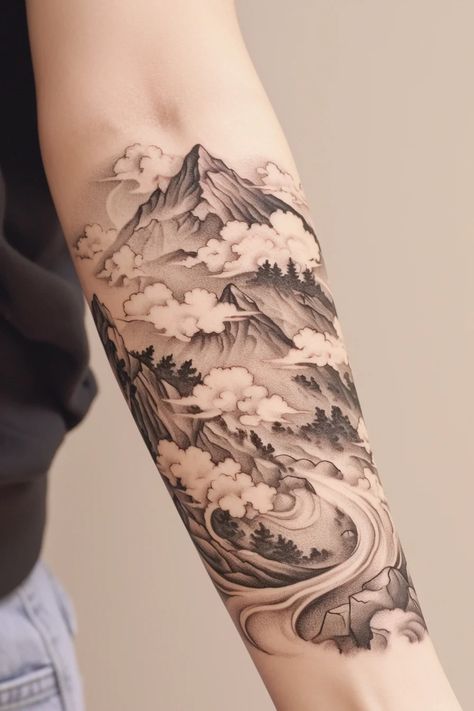 172 Breathtaking Mountain Tattoo Ideas for Nature Lovers – Refined Aesthetique Landscape Tattoo Women, Cloud Arm Tattoo, Mountain Tattoo Ideas, Mountain Tattoo Design, Landscape Tattoo, Tattoo Women, Mountain Tattoo, Nature Lovers, Arm Tattoo