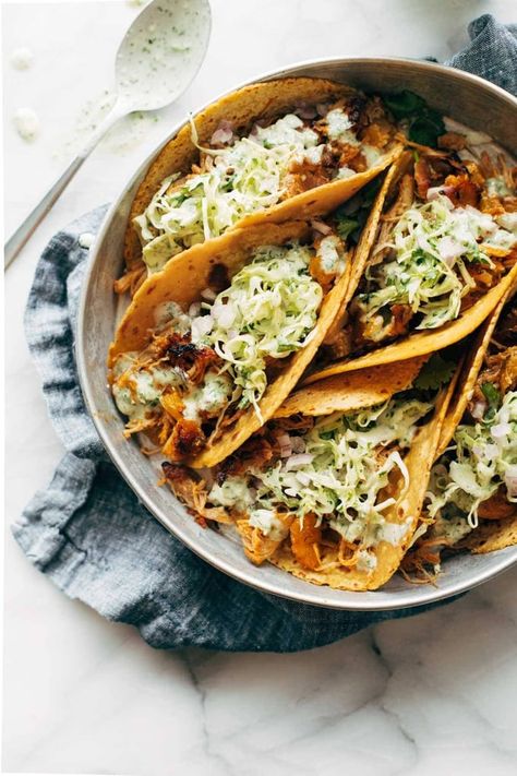 Instant Pot Hawaiian Chicken Tacos with Jalapeño Ranch Slaw Recipe - Pinch of Yum Hawaiian Chicken Tacos, Instant Pot Hawaiian Chicken, Jalapeno Slaw, Slaw For Tacos, Ranch Slaw, Jalapeño Ranch, Chicken Crisps, Creamy Jalapeno, Pinch Of Yum