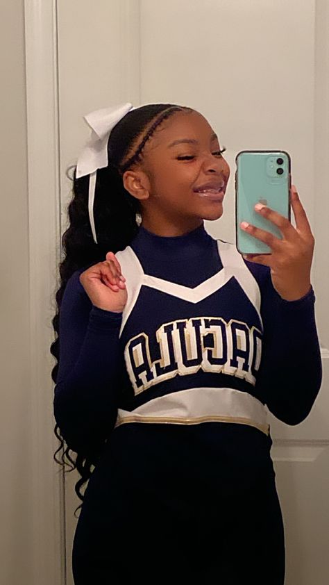 Cheer Natural Hairstyles, Black Cheer Hairstyles, Majorette Hairstyles Black, Hairstyles For Cheerleaders Black, Cheer Leading Hairstyles, Cheer Hairstyles Black, Black Cheerleader Aesthetic, Cute Cheer Hairstyles, Cheer Photo Poses