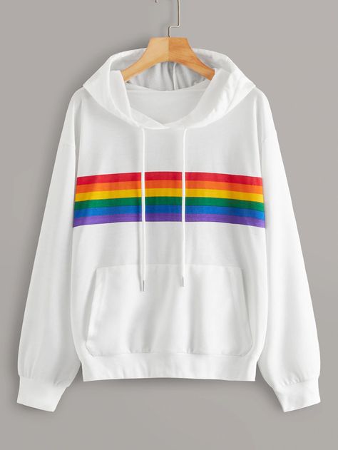 Sweatshirt Aesthetic, Rainbow Outfit, Women Sweaters Winter, Pride Outfit, Striped Sweatshirts, Striped Hoodie, Drawstring Hoodie, Print Hoodie, Pullover Sweatshirts