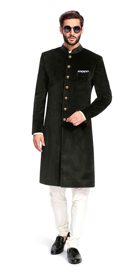 Smartfashions New Stylish Etnic Designer Partywear Black Suiting Fabric Indo western Sherwani for men. by smartfashions on Etsy Velvet Sherwani, Achkan For Men, Indian Formal Wear, Tailored Suits For Men, Custom Tailored Suits, Made To Measure Suits, Shirts For Men Designer, Sherwani For Men, Indian Men Fashion