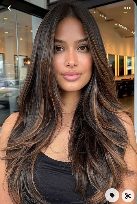 Brunette Balayage Hair With Layers, Dimensional Brown Hair With Highlights, Latina Hair Highlights, Brown Girl Balayage Hair, Brown Highlights Straight Hair, Brown Girl Balayage, Highlights For Asian Hair, Expensive Brunette Balayage, Half Head Foils Brunette