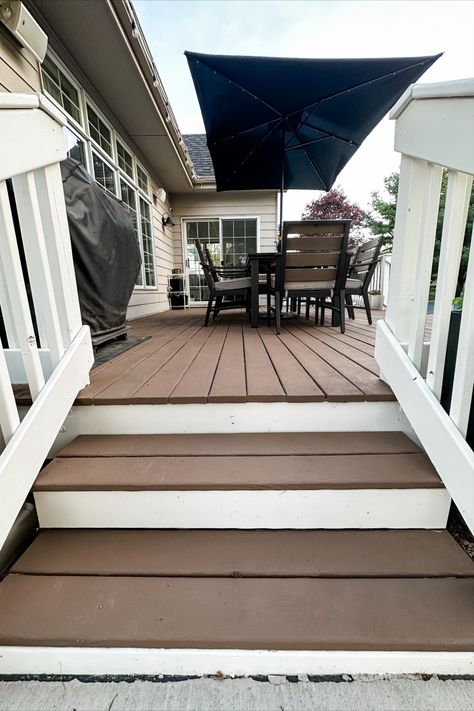 Wooden Deck Paint Ideas, Brown Painted Deck, Deckover Colors, Back Porch Color Ideas Paint, Painted Back Deck, Wood Deck Paint, Behr Deck Paint Colors, White Painted Deck, Behr Tugboat Stain