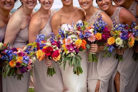 Rainbow Bridesmaid Bouquet, Bridesmaids With Wildflower Bouquets, Wildflower Wedding Colour Scheme, Colourful Wedding Bridesmaids, Wildflower Wedding Bridesmaids Color Schemes, Colorful Bridesmaid Bouquet, Wildflower Bridesmaids, Rainbow Bridesmaids, Bright Wedding Bouquet