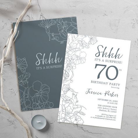 $2.80 | Slate Blue White Botanical Surprise 70th Birthday #surprise 70th birthday, surprise birthday party, for woman, elegant, script font, floral, feminine, dusty blue white, shhh its a surprise, slate blue