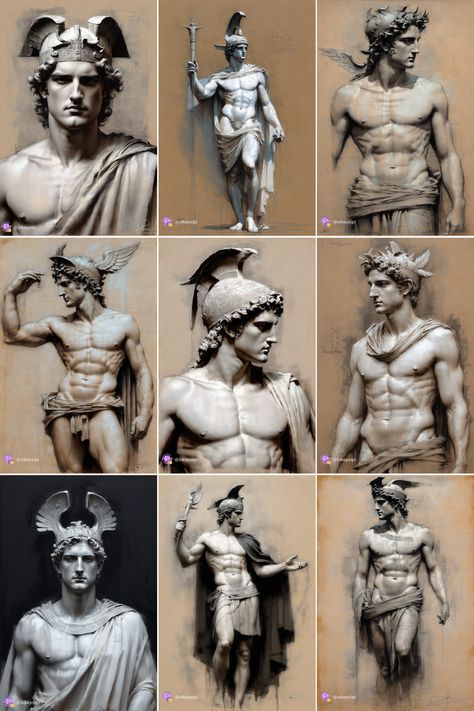 Dive into the world of classical mythology with these stunning academic-style images of Hermes. The ancient Greek god of commerce and travel is brought to life with meticulous attention to detail, from his iconic winged helmet to the caduceus staff. His noble and graceful figure embodies the timeless ideals of Greek mythology, seamlessly blending tradition with digital art techniques.#GreekMythology #HermesArt #ClassicalFigures #DigitalArt Hermes Art Greek Mythology, Hermes Helmet, Hermes Greek God, Hermes Mythology, Winged Helmet, Academic Style, Greek Helmet, Ancient Greek Gods, Classical Mythology