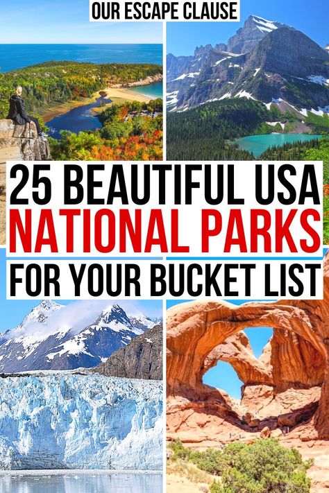 4 photos of best national parks in us: acadia, glacier, glacier bay, and arches. black and red text on a white backgrounds reads "25 beautiful usa national parks for your bucket list" National Parks In The Us, Zion National Park Photography, Beautiful National Parks, Best National Parks, Canada National Parks, National Parks Photography, National Parks Map, White Backgrounds, National Park Vacation