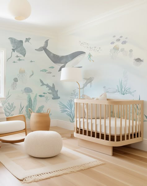 Modern Ocean Decor, Sea World Wallpaper, Deep Sea Nursery Ideas, Blue Ocean Nursery, Sea Animal Themed Nursery, Babygirl Room Nursery, Marine Nursery Theme, Pastel Ocean Nursery, Marine Animal Nursery